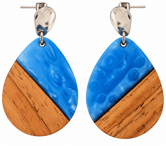A pair of oval stud drop earrings. The top half is blue and the bottom is walnut wood. Hardware is silver.