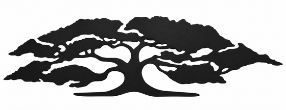 This metal sculpture shows the matte black silhouette of a sprawling oak tree, three times as wide as it is tall. A broad trunk splits into numerous slender branches, which end in full foliage. The piece has an serene, balanced feel. 