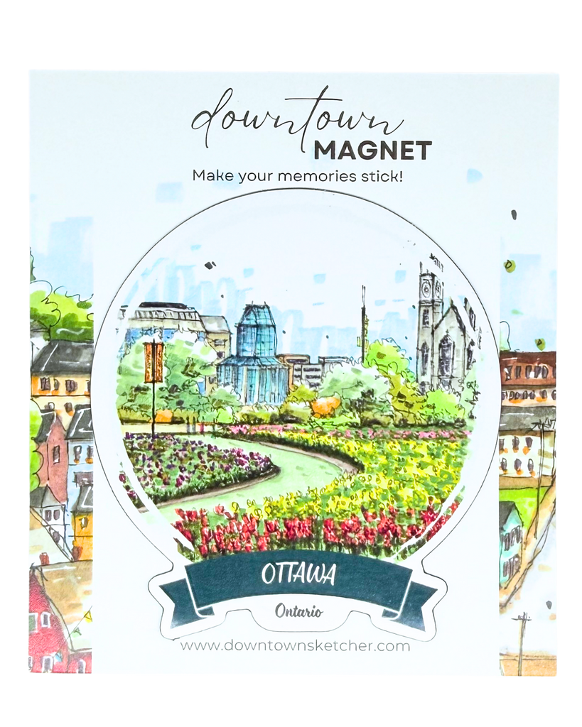 Round magnet with a vibrant watercolour style illustration of a pathway with tulips and the National Gallery of Canada in the background.