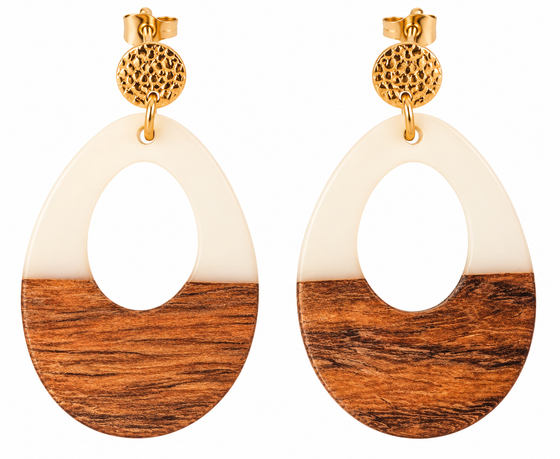 A pair of oval stud drop earrings with a  cutout in the middle. The top half is blue and the bottom is walnut wood. Hardware is gold.