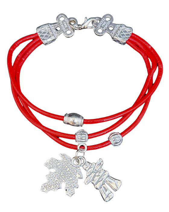 Red Leather Bracelet - Inukshuk & Maple Leaf Charms