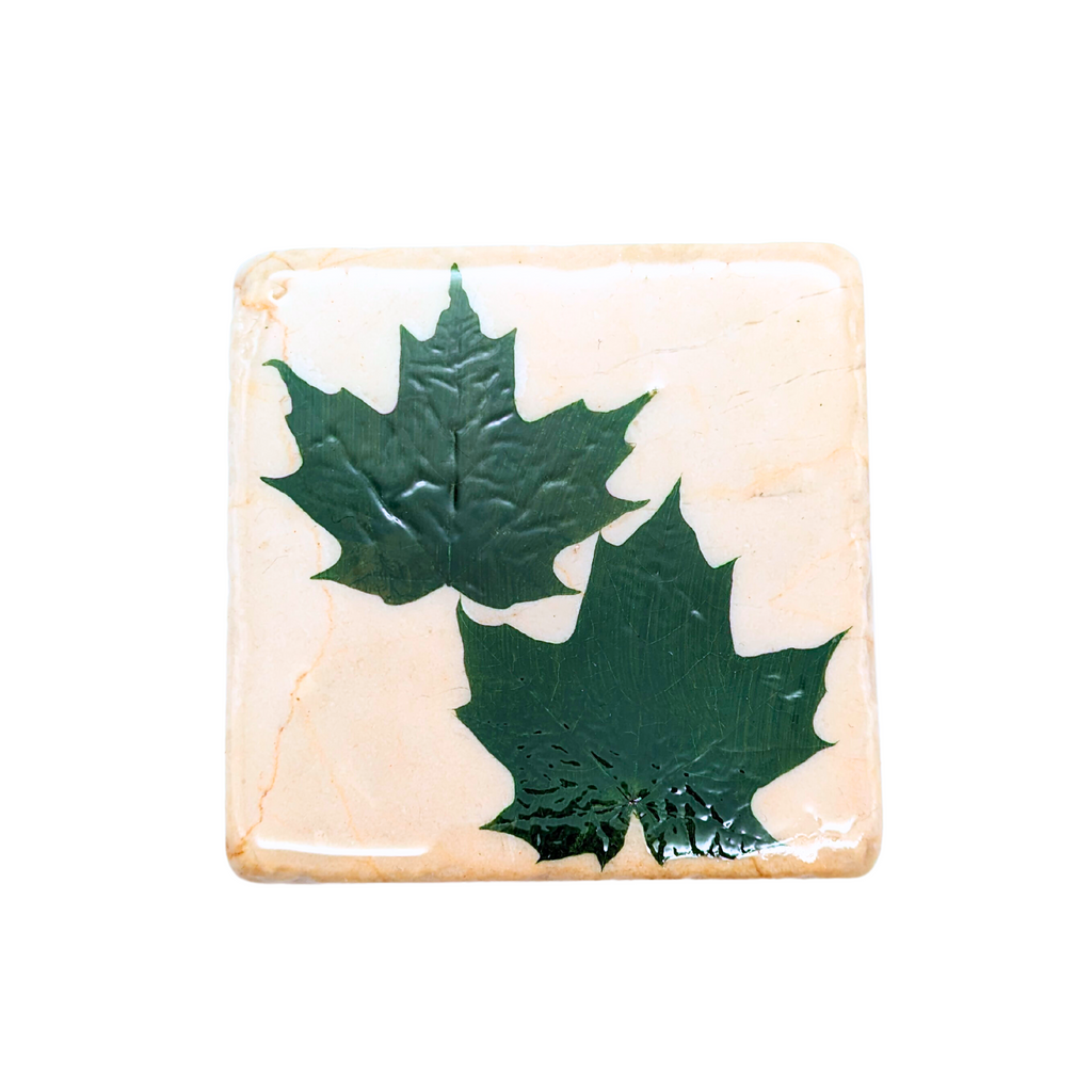 A White stone square coaster. There are two green maple leafs in the middle of the coaster, and there is a shiny coat around it.
