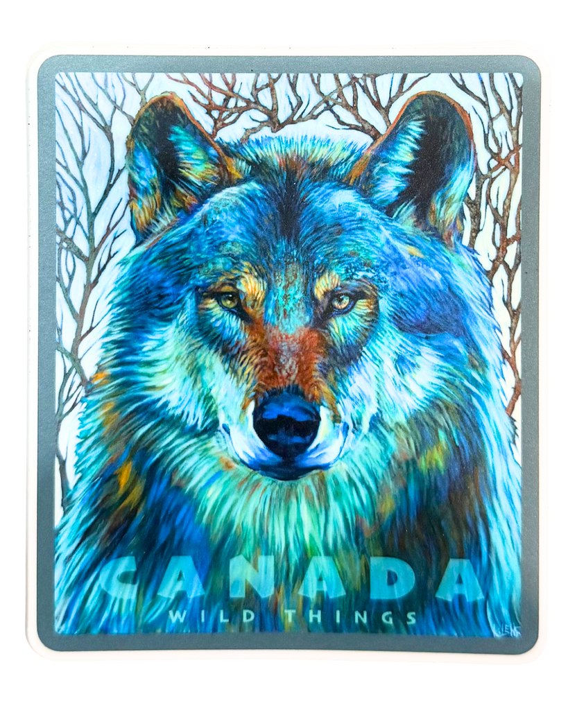 Colorful wolf sticker with 'Canada Wild Things' text with a light greyish blue border.