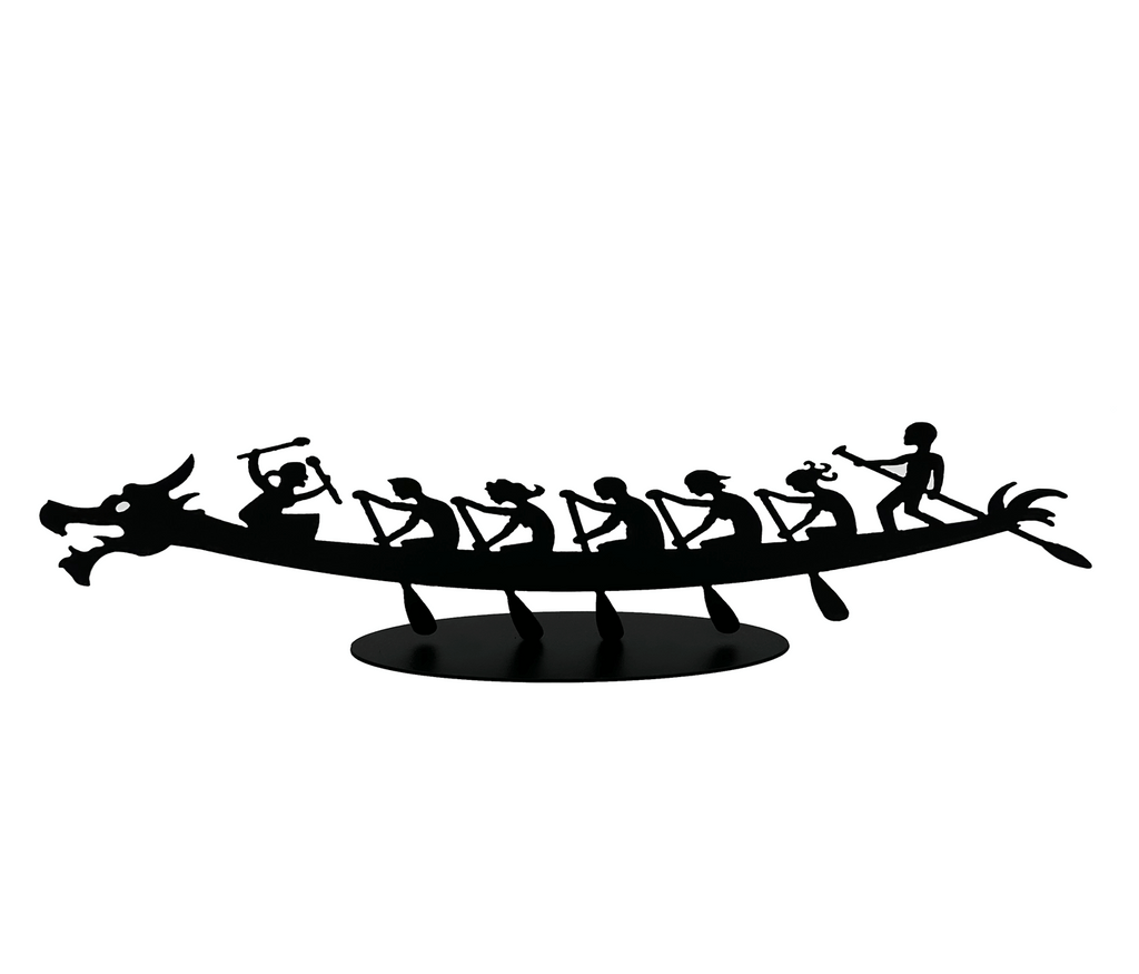 A matte black silhouette of a dragonboat, complete with team, paddles hard against a sturdy black steel base. 