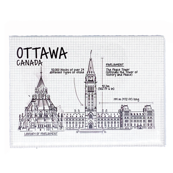 This Canadian made magnet features the Parliament of Canada, showing dimensions and notable information on a grid background.