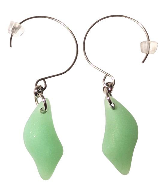 Green diamond-shaped sea glass earrings with silver hooks.