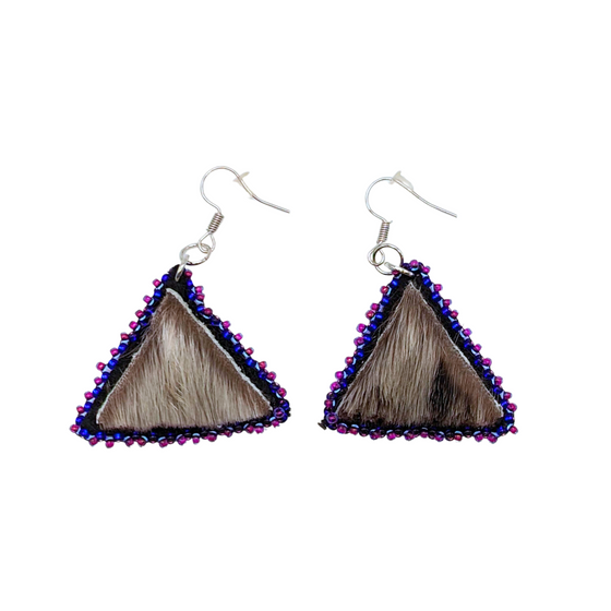 Purple beads surrounding a triangle cut of sealskin on hook earrings.