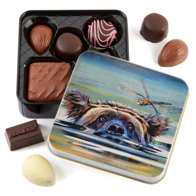 Chocolate assortment in a decorative tin with a bear poking its head out of water and a dragonfly close by.