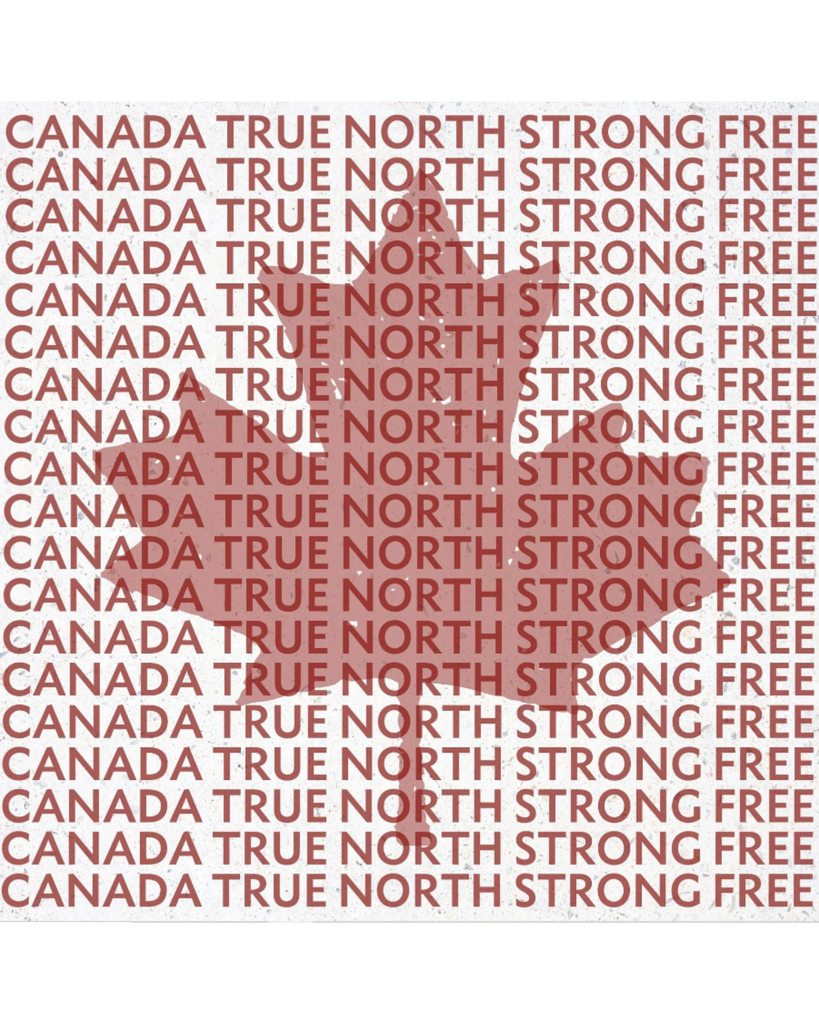 Translucent red maple leaf with the words "canada true north strong free" repeated in red and filling the entire space of the white marble coaster.