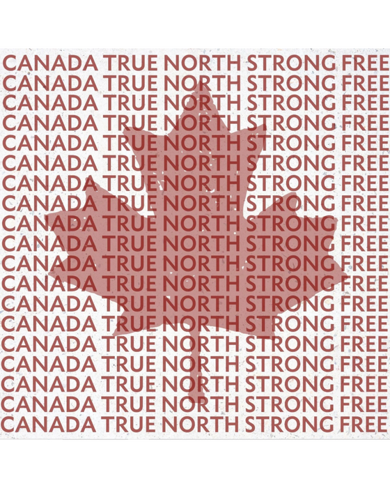 Translucent red maple leaf with the words "canada true north strong free" repeated in red and filling the entire space of the white marble coaster.