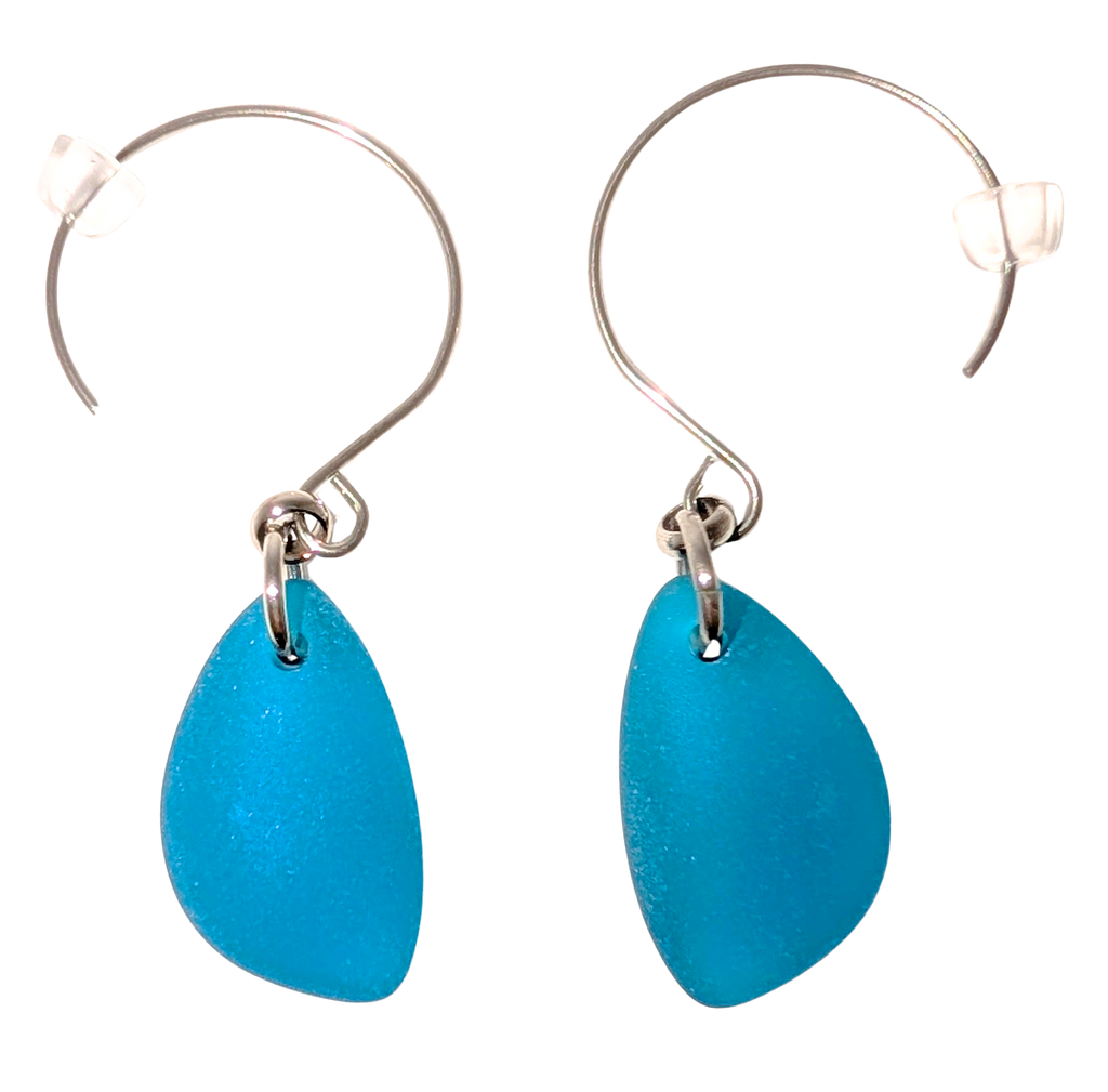 Blue teardrop sea glass earrings with silver hooks.