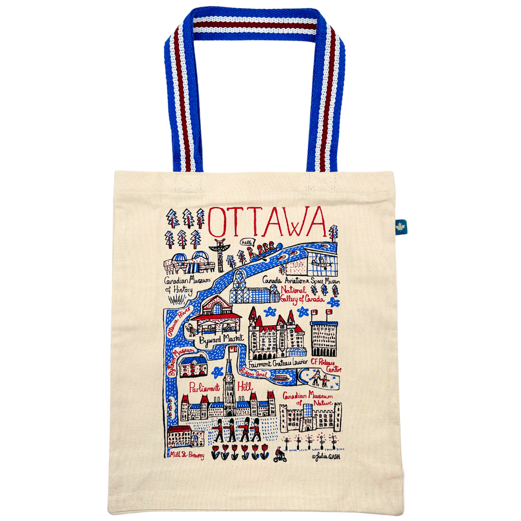 Fun and funky doodle of Ottawa in red and blue on a beige canvas tote bag. 