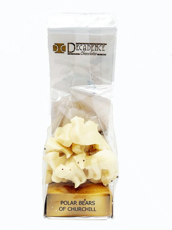 Little white chocolate polar bears in a clear packaging.