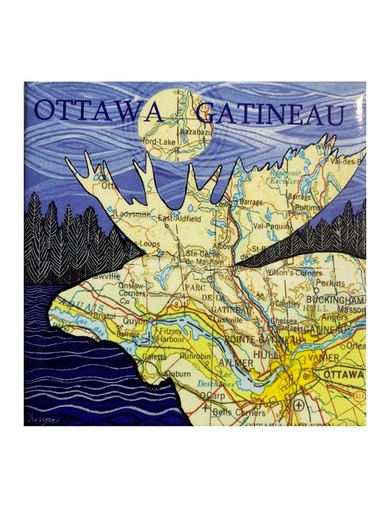 A tan silhouette of a moose is depicted in front of a night scene. Dark blue water with black trees above and a blue flowing night sky are behind a large moose. The moose is made of a map of the Ottawa-Gatineau region, and the moon above the moose is also made of this map. The words 'Ottawa  Gatineau' are written in dark blue at the top.