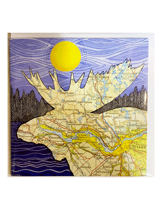 This gorgeous card designed by artist Alan Dhingra showcases a moose outline filled in with a map of Ottawa and a blue landscape behind it 