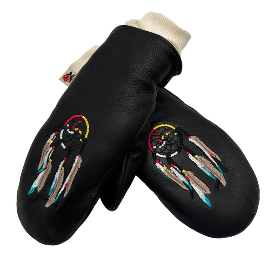 Black hide mittens with dream catcher design embroidered on the part where the back of the hand goes. Mittens have a black background.