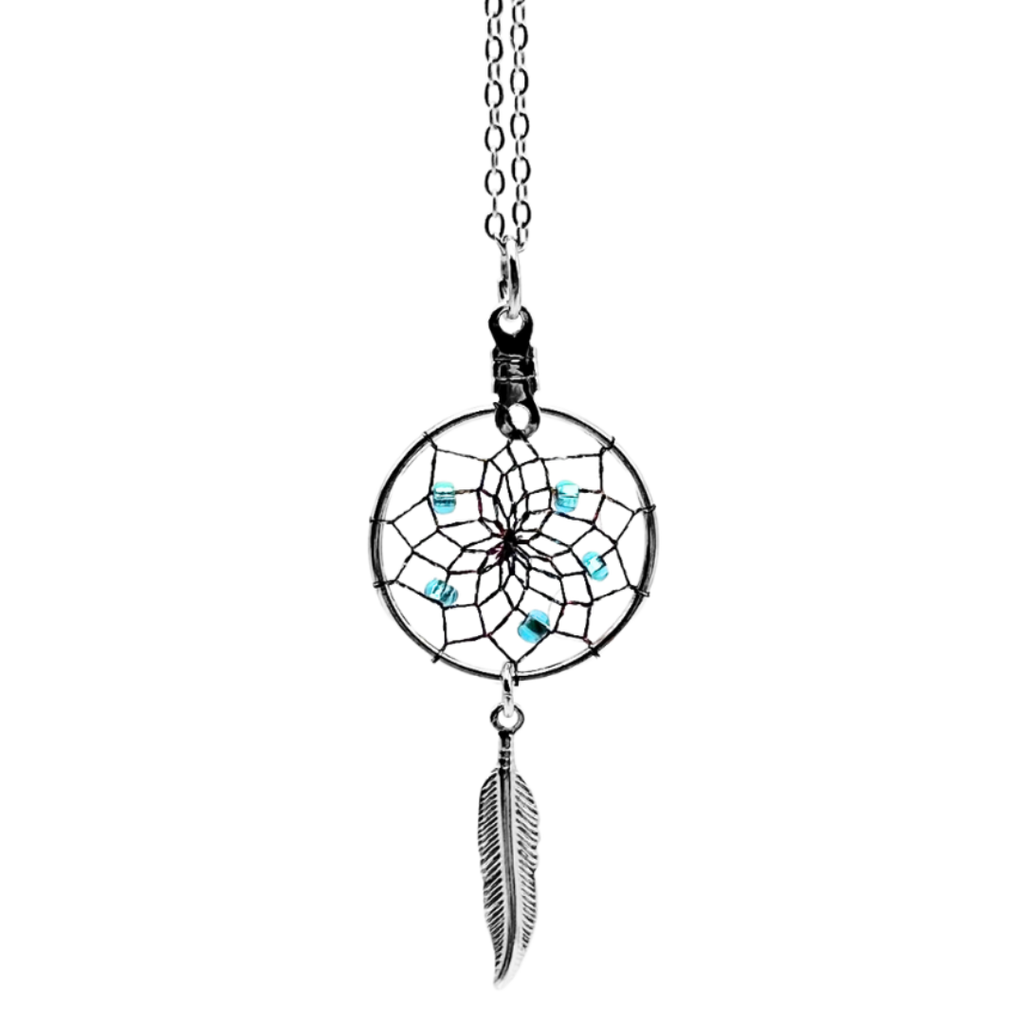 A silver dream catcher necklace with a silver feather hanging underneath. The webbing on the dream catcher is coloured blue, pink, and yellow in the light. There are five blue beads as well.