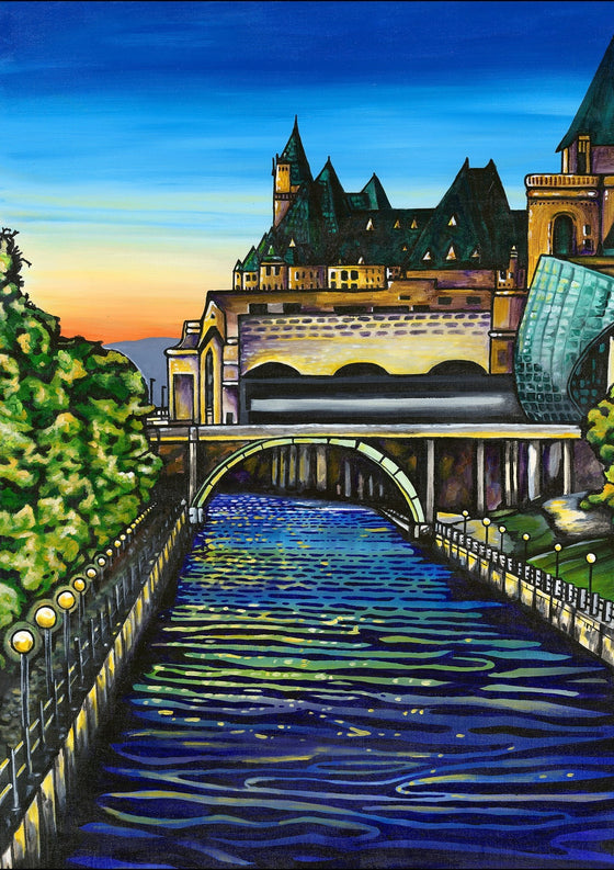 Painting on a puzzle box of the canal and buildings with a sunset sky.