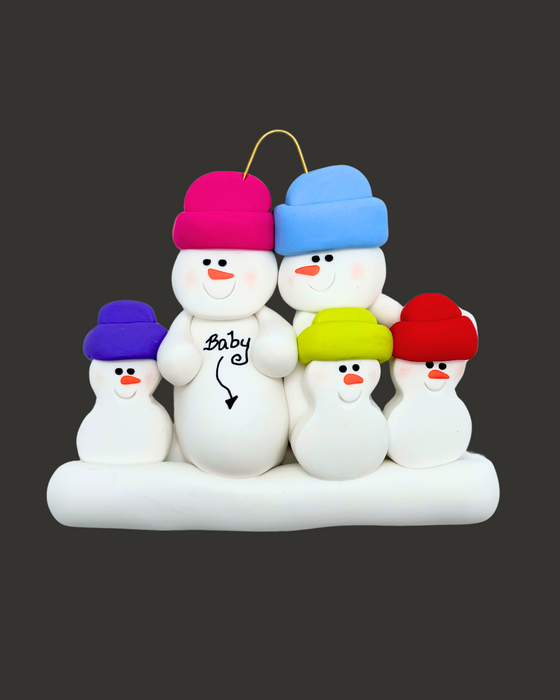 Ornament of a snowman family, one of them with a baby bump and the word "baby" written with an arrow pointing to the bump, all wearing colorful hats on a black background.