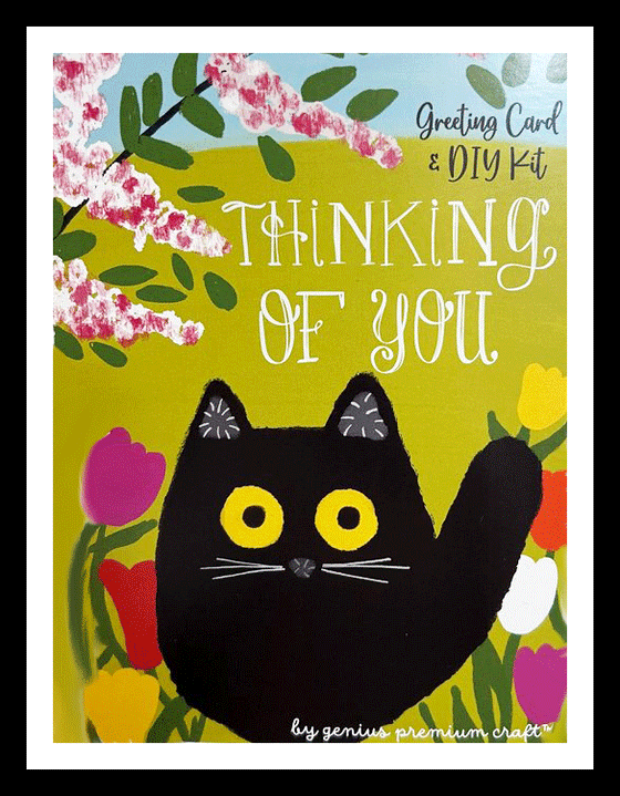 A bright, cheerful card that says "Thinking of You." The picture is a black cat waving its left paw while sitting in a garden, depicted in Canadian icon Maud Lewis' signature art style.