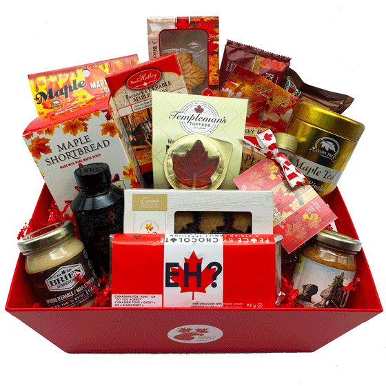 Delicious large sized maple treats gift basket featuring made in Canada products including maple candies, chocolates, syrup, cookies, tea, maple butter, toffee, lollipop, maple sugar, and shortbread.