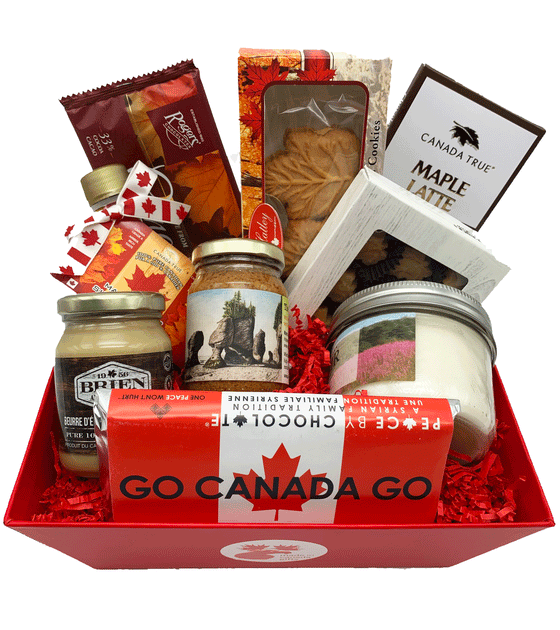 A medium size maple gift basket featuring tasty made in Canada maple treats such as chocolates, candies, cookies, maple butter, syrup, sweet maple mustard, and a soy candle.