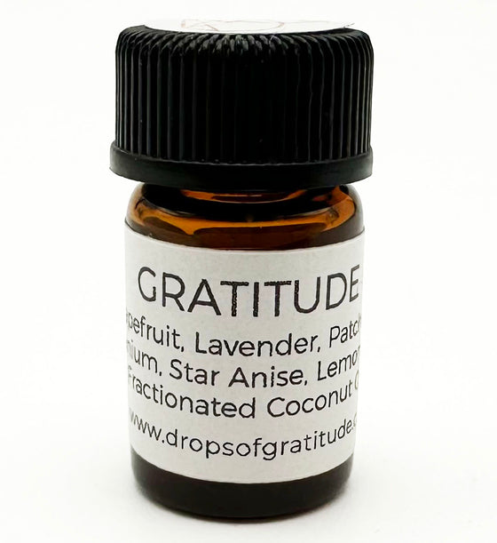 The "Gratitude" essential oil blend of grapefruit, lavender, patchouli, geranium, star anise, leongrass, and fractionated coconut oil uplifts and highlights emotions of gratefulness.