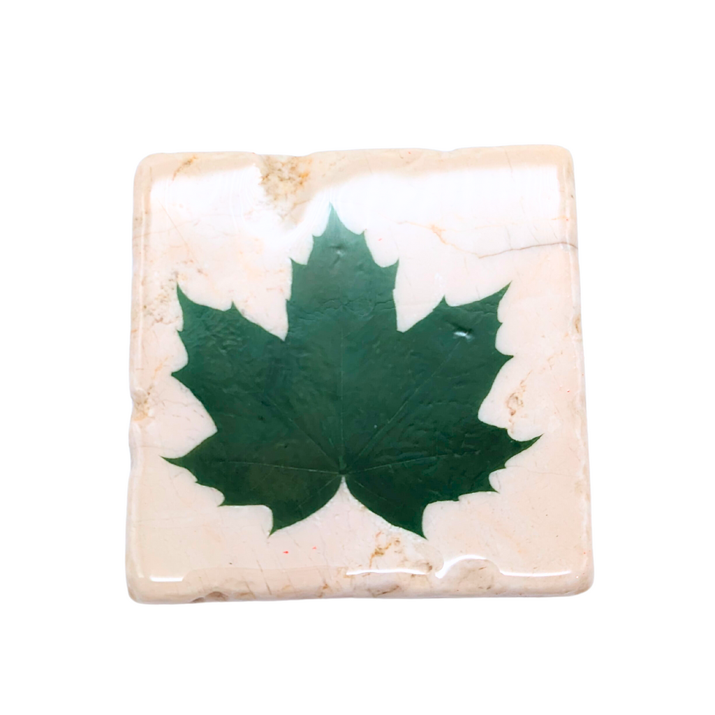 White Marble with Green Maple Leaf Coaster