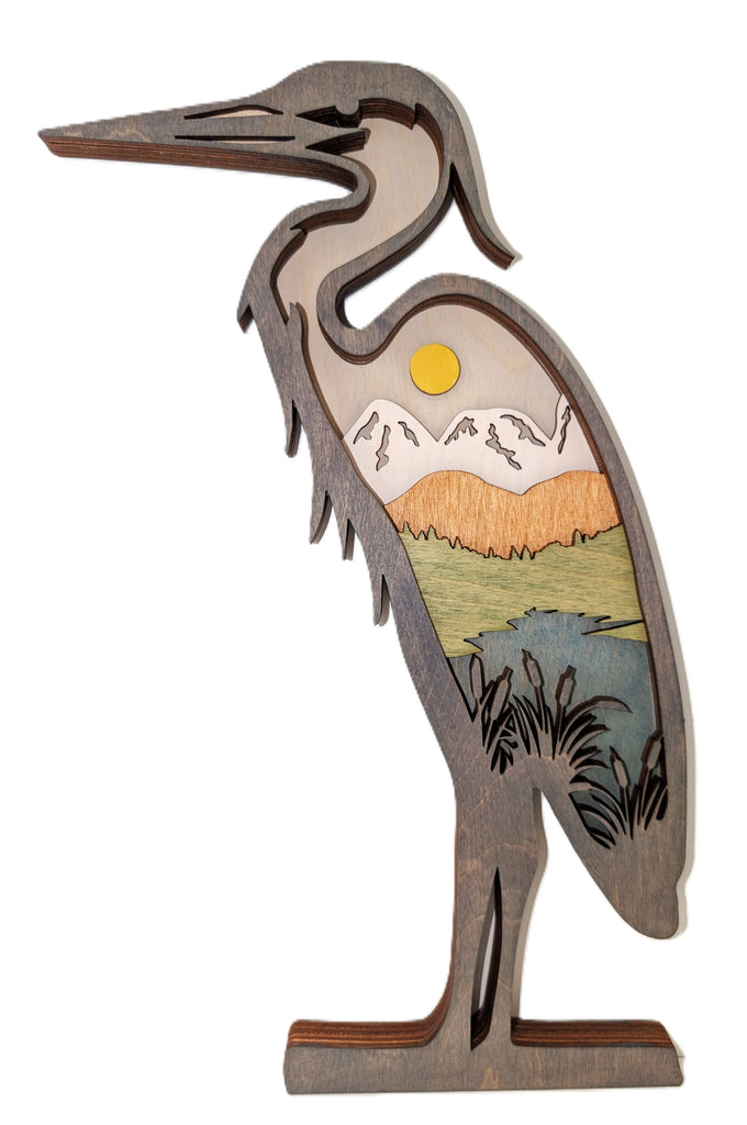 Blue Heron Wood Art Mountain Scene