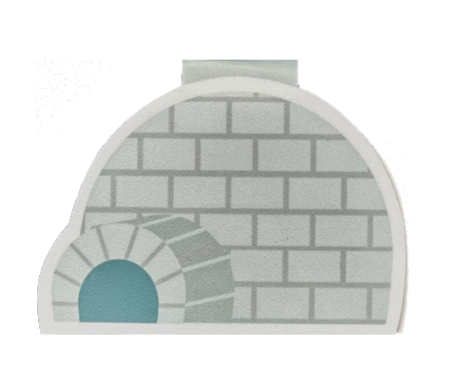 Paper igloo bookmark with a magnet inside. Igloo is a light grey blue colour with a darker grey blue outlining the snow blocks. The entrance is a vibrant blue.