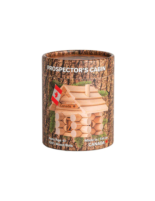A cylindrical paper container that holds the prospector's cabin. This DIY kit is made in Canada and recommended for children ages 6 and up.