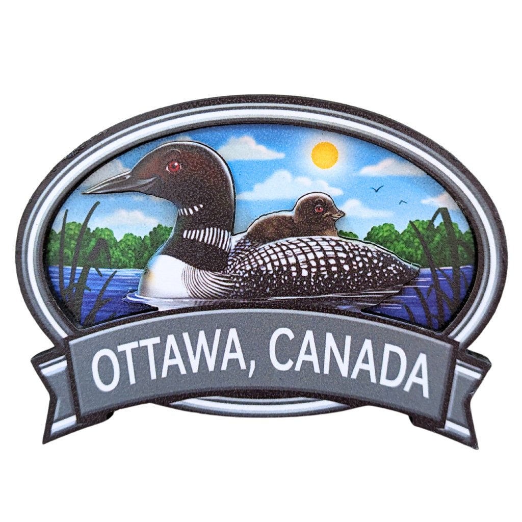 Grey bordered oval shaped wooden magnet. Vibrant Canadian mother loon and her baby centered in a lake. "Ottawa, Canada" in white written underneath.