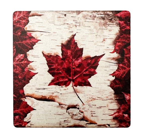 Set of four Canadian maple leaf coasters with a large red maple leaf in the center and other red maple leaves surrounding it.