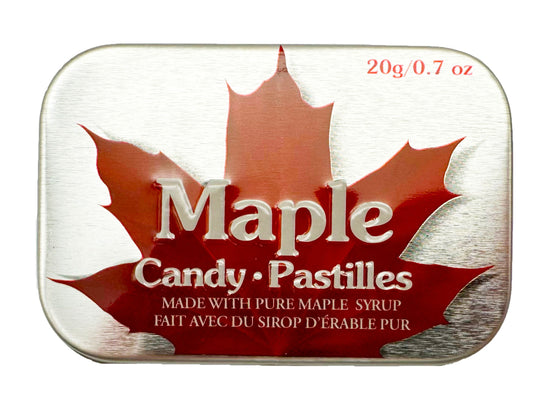 A silver tin with a red maple leaf on top.