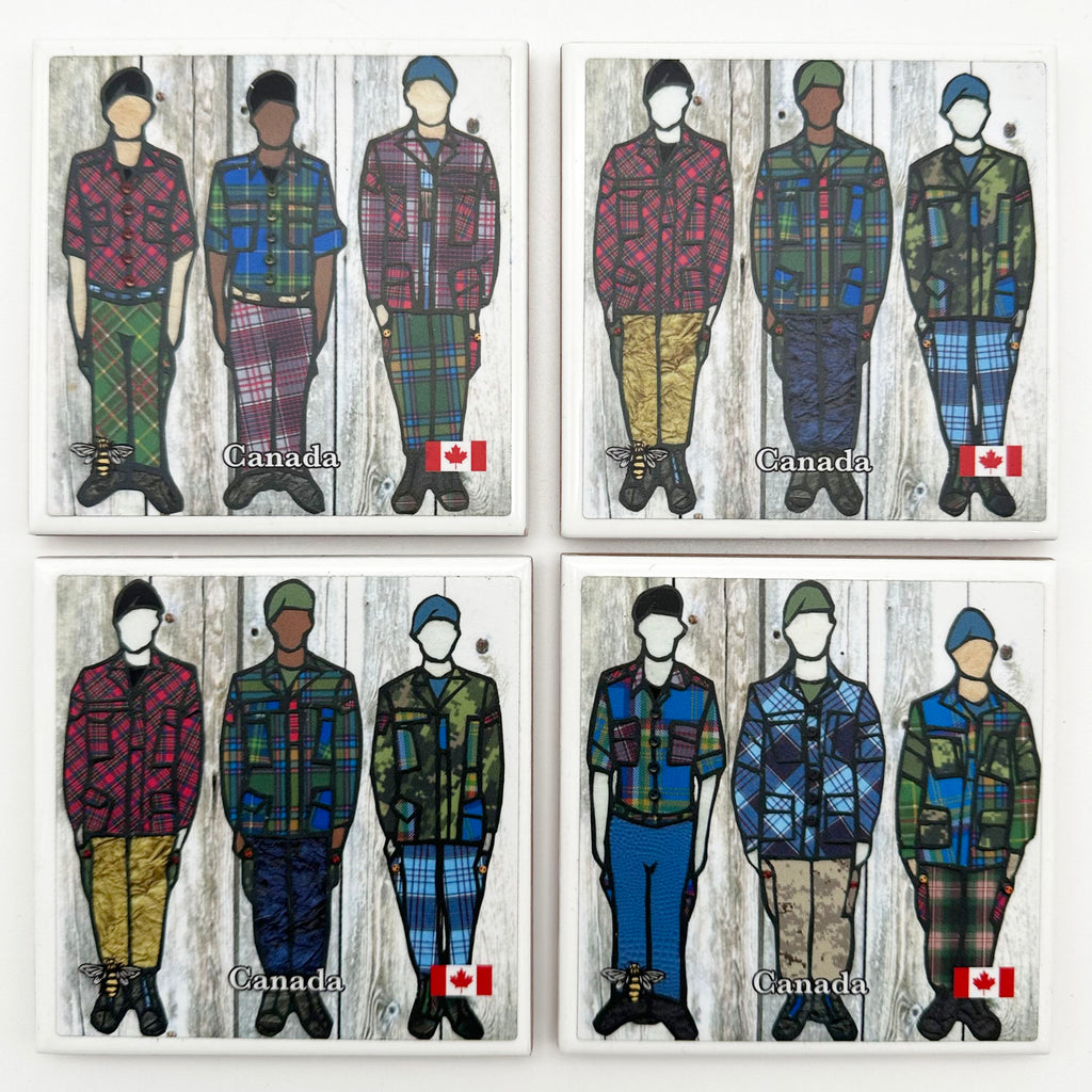This set of four ceramic coasters features six soldiers in colourful tartan clothing, with three soldiers per coaster. The pattern is repeated across two coasters. The soldiers all wear long pants and jackets. Each jacket and set of pants has a unique tartan pattern on it, so each outfit is unique. At the bottom of the picture from left to right is a small bee, the word Canada in white text, and a Canadian flag.