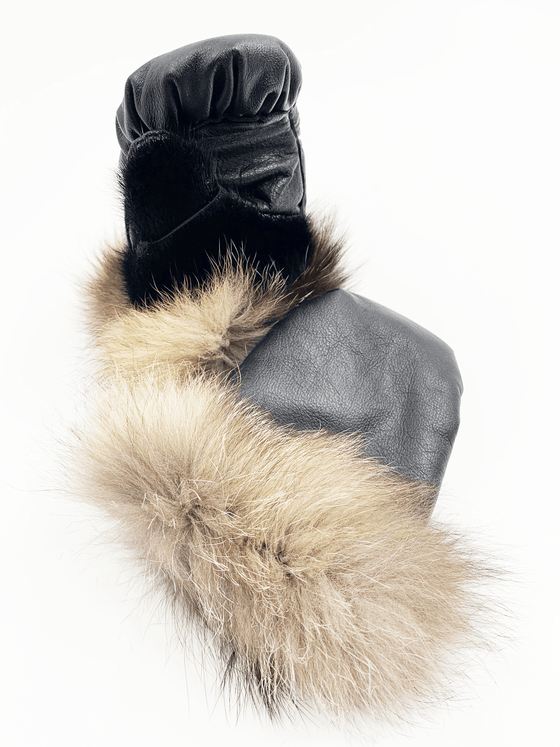 Black seal skin leather mittens with brown fluffy fur on the wrist cuffs.