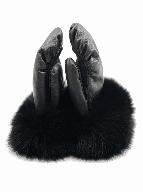 Black sealskin mittens. The outside of the mittens have sealskin fur and the palms of the mittens are a sealskin leather material.