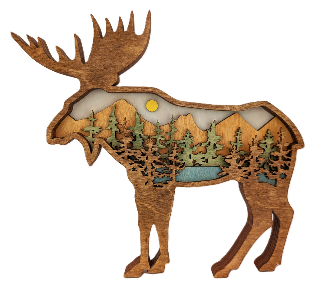 Moose Shaped Wood Art Mountain Scene