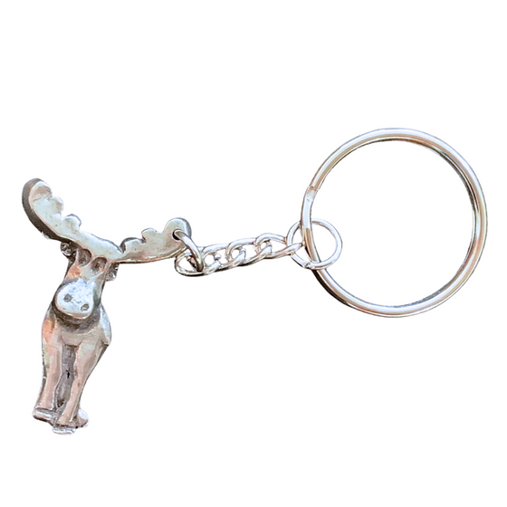 Pewter moose attached to a small chain and a key ring