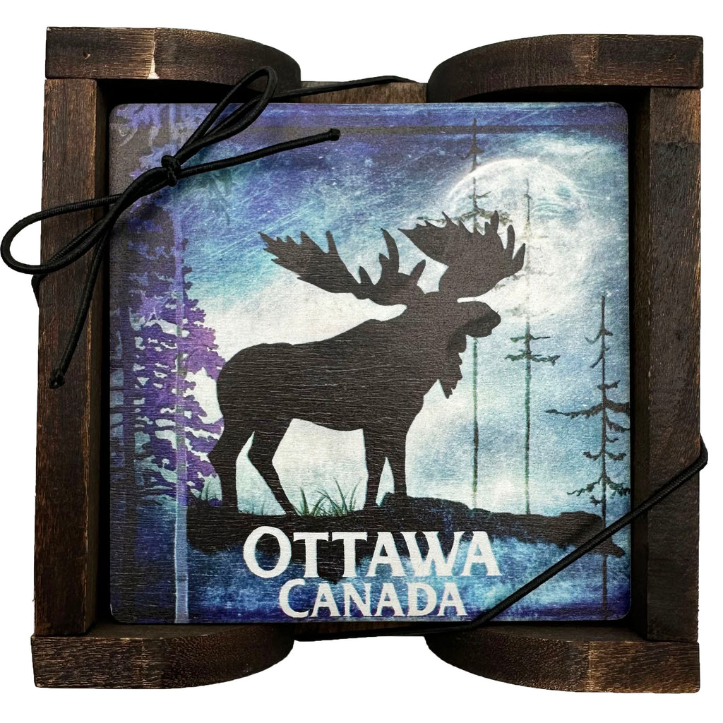 Set of 4 Ottawa Moose Coasters with a black moose against a blue winter landscape and "Ottawa, Canada" written on the bottom. Also comes with a wooden holder.