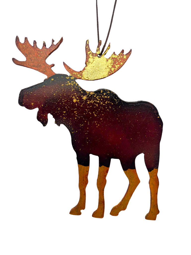 An iconic Canadian moose, cut from sheet steel and handpainted with vivid brown and gold.
