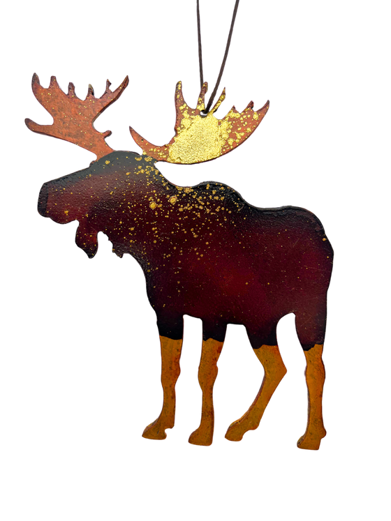 An iconic Canadian moose, cut from sheet steel and handpainted with vivid brown and gold.
