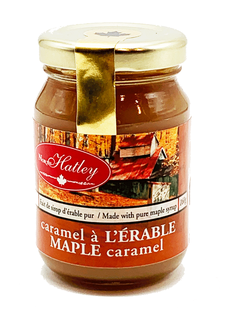 Clear jar with caramel coloured maple caramel inside.