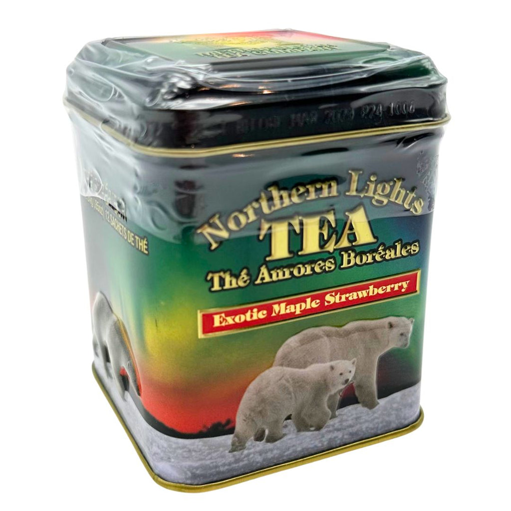 A small metal tin that holds twelve maple-strawberry flavoured tea bags. The tin portrays two polar bears walking on a snowy ground, with a green, blue, yellow, orange, and pink-coloured aurora borealis inspired background. The gold writing on the tin gives a three dimensional element as the words are raised from the flat surface. The lid has a small hinge on one side, allowing the container to be resealed.