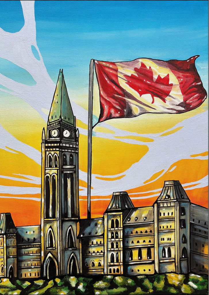 Painting on puzzle box of Parliament cityscape with a Canadian flag against a sunset sky.