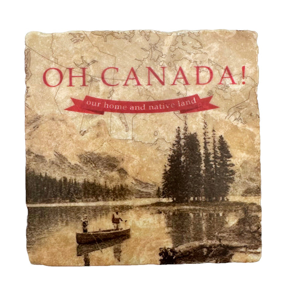 A sepia image of voyageurs canoeing past a small island. The sky is superimposed with a map of Canada, over which "Oh Canada: Our Home and Native Land" is emblazoned in red letters.