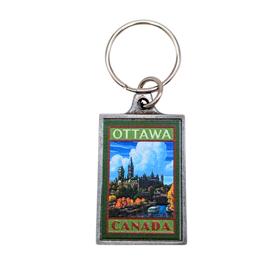 Metal keychain with a scenic image of the parliament of Canada during the fall. Ottawa, Canada