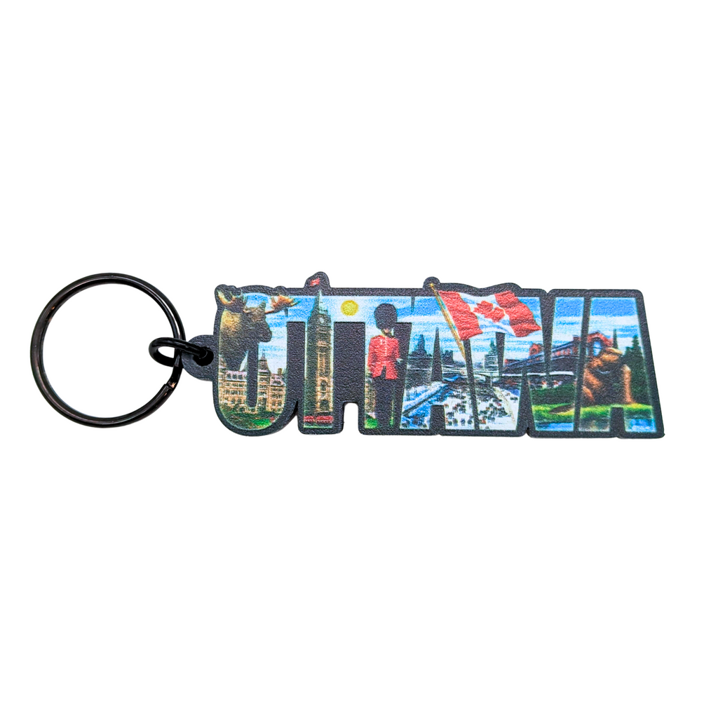 Ottawa text keychain with a collage of Ottawa, Canada landmarks. 