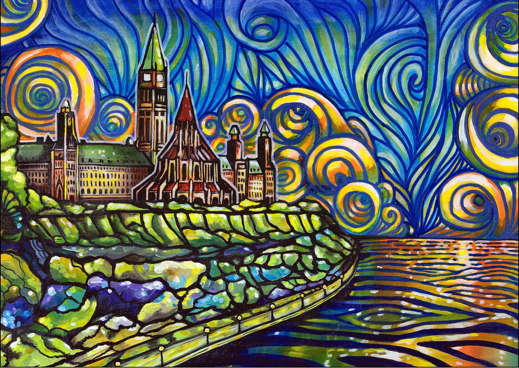 Puzzle box cover with a colourful abstract artwork of Parliament cityscape by the river with swirling patterns.