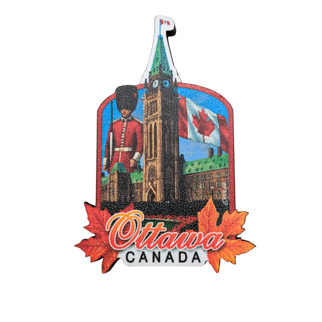 A royal guard standing in the background of the parliament building in Ottawa, Canada. A Canadian flag waving in the sky behind the building. 